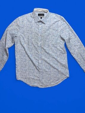Report Collection Men’s White and Blue Floral Button-Up Shirt
